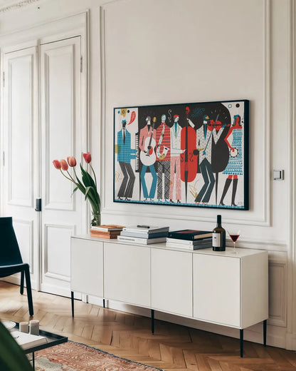 The Band by Michael Mullan. shown as a framed stretched canvas in a living room above a console. Available as a archival giclee rolled canvas, fine art paper, or poster print. SKU 14581i.