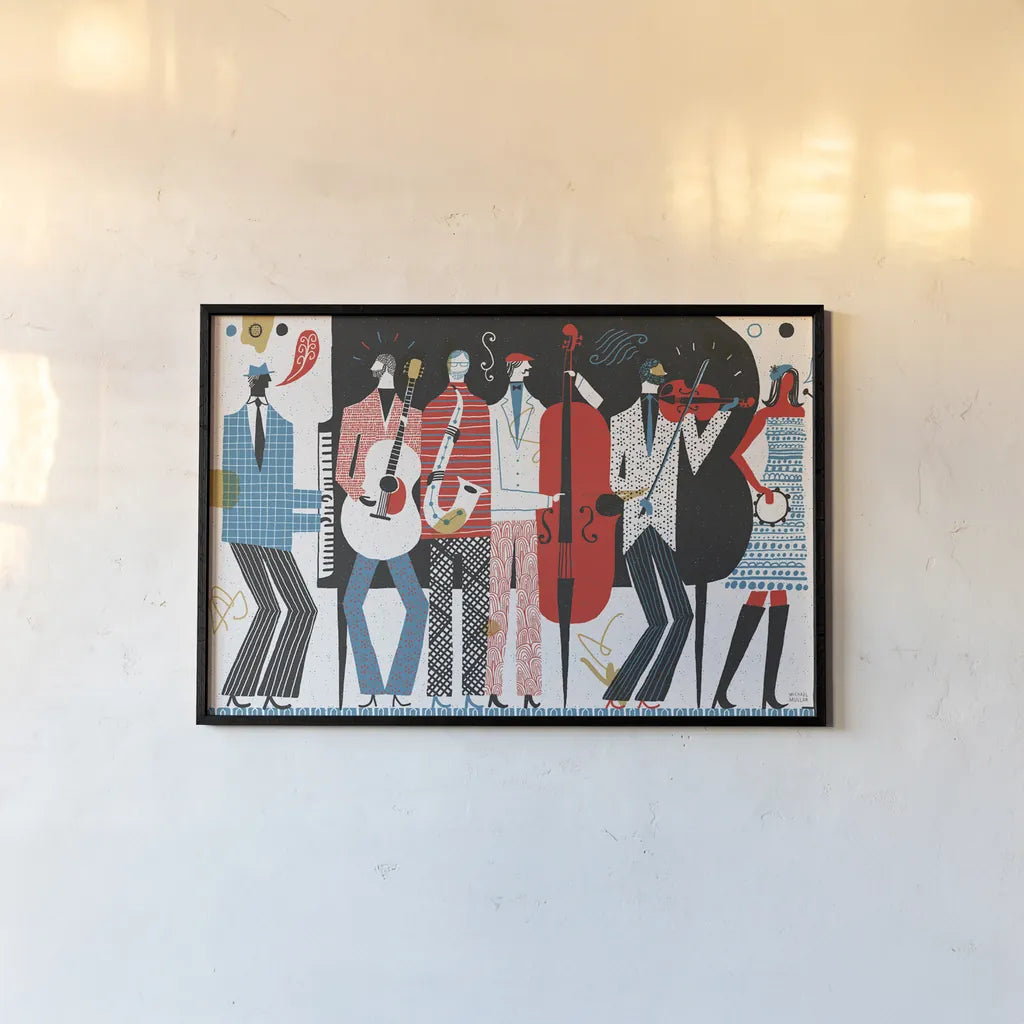 The Band by Michael Mullan. shown as a paper print in a black flame. Available as a archival giclee rolled canvas, fine art paper, or poster print. SKU 14581i.