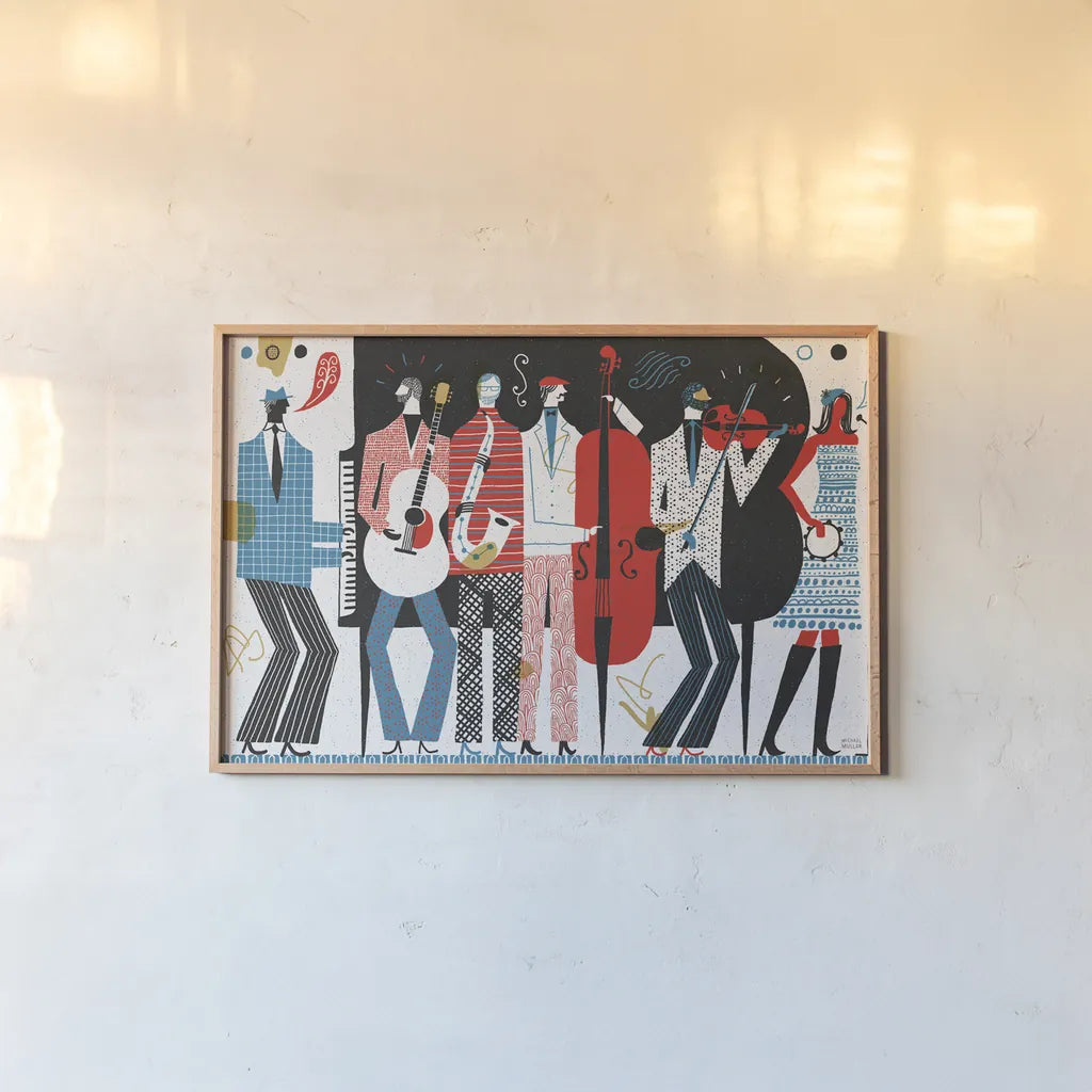 The Band by Michael Mullan. shown as a paper print in a natural frame. Available as a archival giclee rolled canvas, fine art paper, or poster print. SKU 14581i.