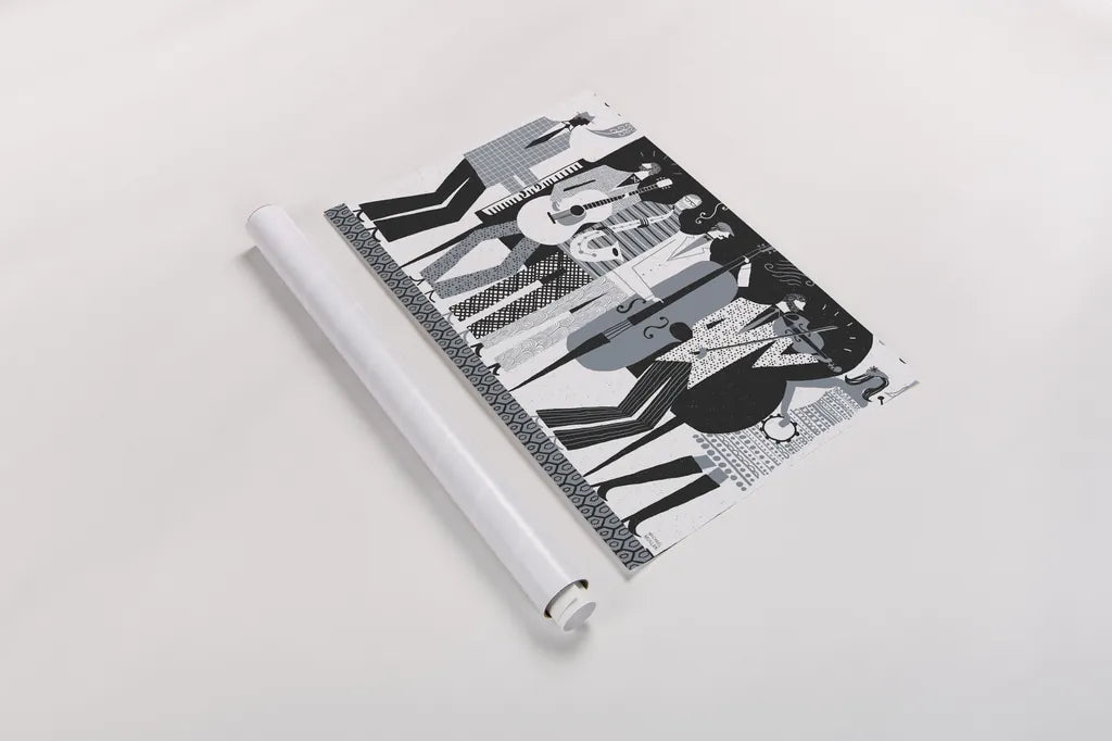 The Band BW by Michael Mullan. shown as a rolled paper print. Available as archival giclee rolled canvas, fine art paper, or poster print. SKU 51116i.