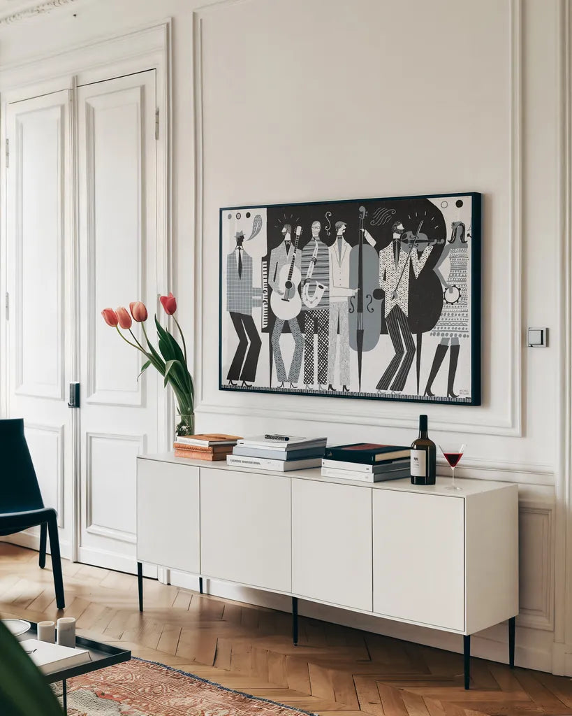 The Band BW by Michael Mullan. shown as a framed stretched canvas in a living room above a console. Available as a archival giclee rolled canvas, fine art paper, or poster print. SKU 51116i.