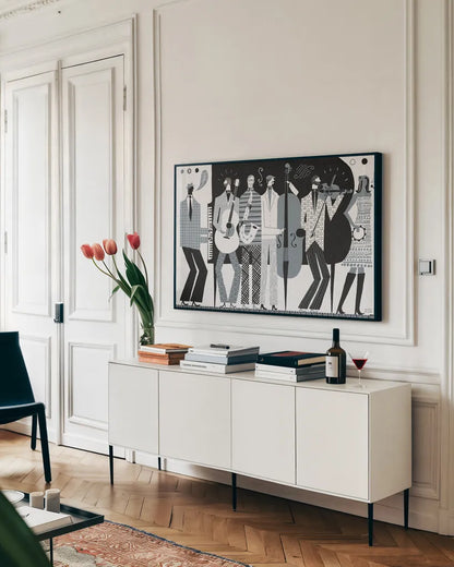 The Band BW by Michael Mullan. shown as a framed stretched canvas in a living room above a console. Available as a archival giclee rolled canvas, fine art paper, or poster print. SKU 51116i.