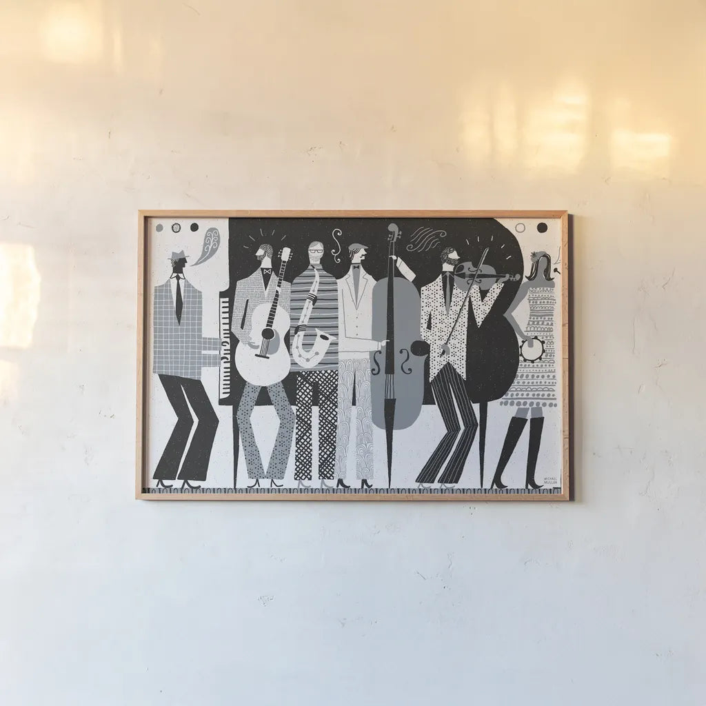 The Band BW by Michael Mullan. shown as a paper print in a natural frame. Available as a archival giclee rolled canvas, fine art paper, or poster print. SKU 51116i.