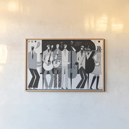 The Band BW by Michael Mullan. shown as a paper print in a natural frame. Available as a archival giclee rolled canvas, fine art paper, or poster print. SKU 51116i.