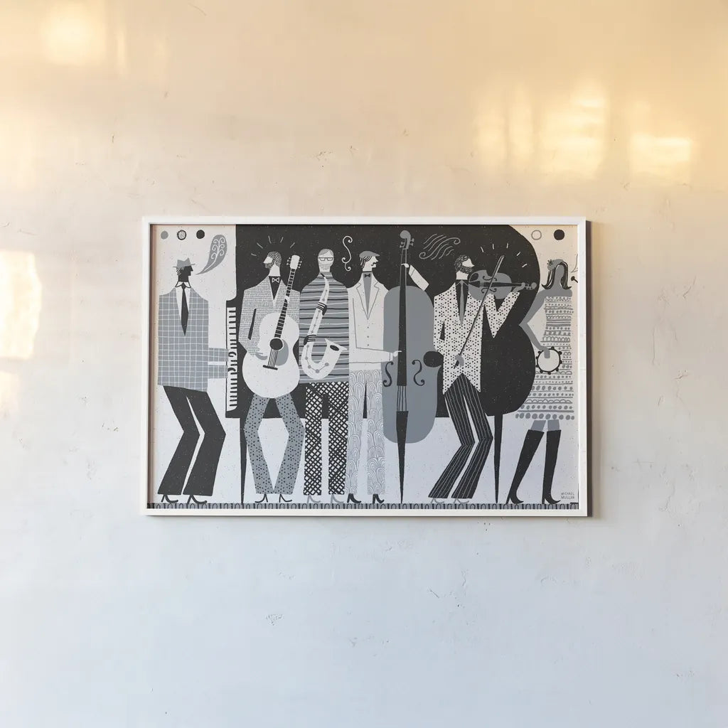 The Band BW by Michael Mullan. shown as a paper print in a white frame. Available as a archival giclee rolled canvas, fine art paper, or poster print. SKU 51116i.