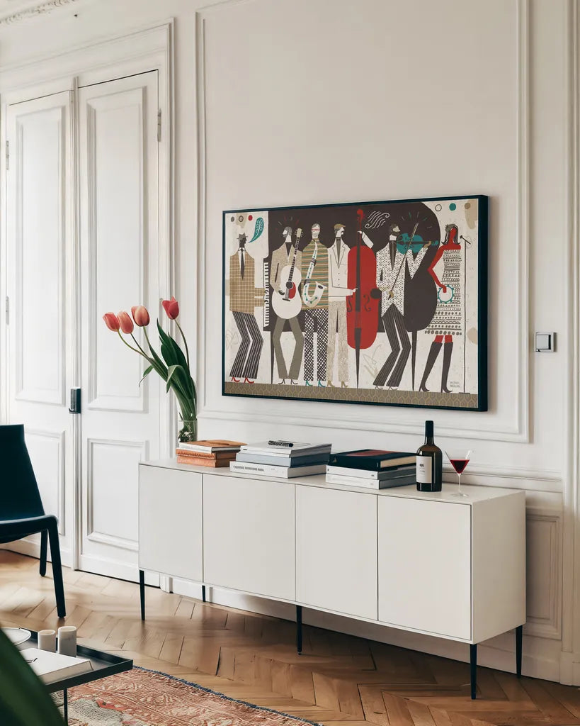 The Band Neutral by Michael Mullan. shown as a framed stretched canvas in a living room above a console. Available as a archival giclee rolled canvas, fine art paper, or poster print. SKU 51117i.