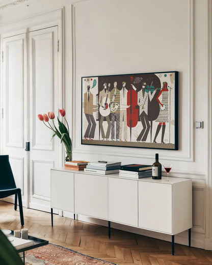 The Band Neutral by Michael Mullan. shown as a framed stretched canvas in a living room above a console. Available as a archival giclee rolled canvas, fine art paper, or poster print. SKU 51117i.