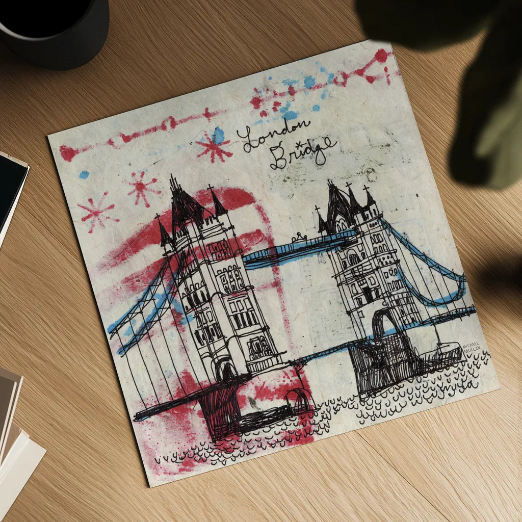 Tower Bridge by Michael Mullan. Shown as a detailed flat fine art print, highlighting archival giclee quality. Available as an archival giclee rolled canvas, fine art paper, or poster print. SKU 17752a.