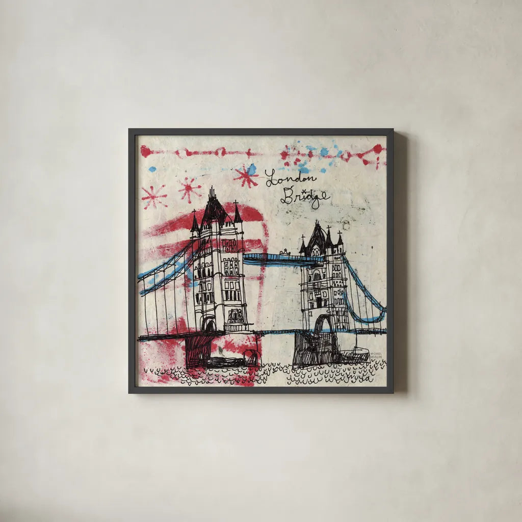 Tower Bridge by Michael Mullan. Shown in a sleek black glass frame for a contemporary gallery look. Available as an archival giclee rolled canvas, fine art paper, or poster print. SKU 17752a.