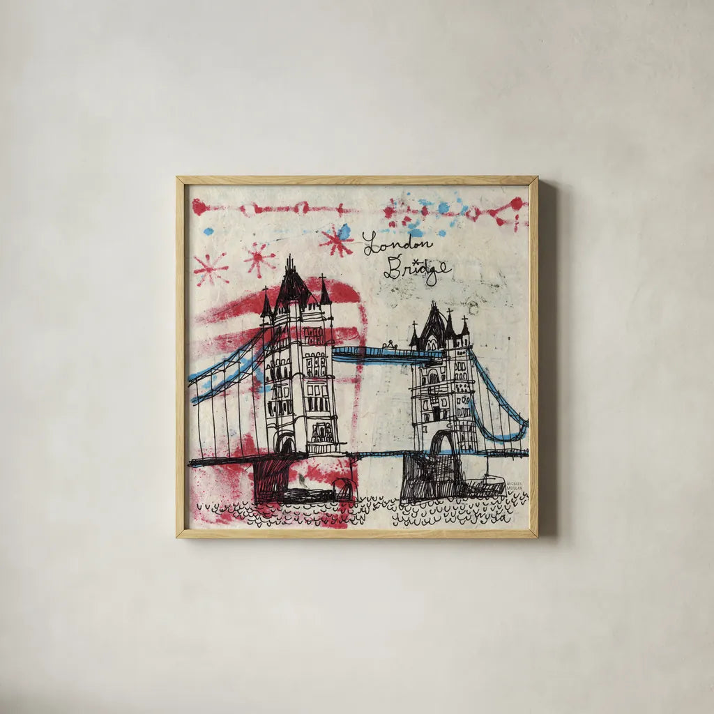 Tower Bridge by Michael Mullan. Shown in a natural wood glass frame for a timeless modern aesthetic. Available as an archival giclee rolled canvas, fine art paper, or poster print. SKU 17752a.