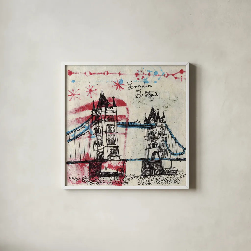 Tower Bridge by Michael Mullan. Shown in a crisp white glass frame for a clean and minimalist style. Available as an archival giclee rolled canvas, fine art paper, or poster print. SKU 17752a.