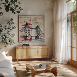 Tower Bridge by Michael Mullan. Shown in a natural wood frame in a cozy modern living room. Available as an archival giclee rolled canvas, fine art paper, or poster print. SKU 17752a.