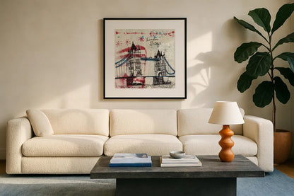 Tower Bridge by Michael Mullan. Displayed in a glass frame with matte in a clean modern living room. Available as an archival giclee rolled canvas, fine art paper, or poster print. SKU 17752a.