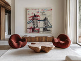 Tower Bridge by Michael Mullan. Shown as extra-large giant wall art in a modern living room. Available as an archival giclee rolled canvas, fine art paper, or poster print. SKU 17752a.