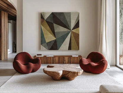 Triangulawesome by Michael Mullan. Shown as extra-large giant wall art in a modern living room. Available as an archival giclee rolled canvas, fine art paper, or poster print. SKU 13195a.