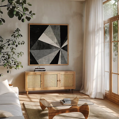 Triangulawesome BW I by Michael Mullan. Shown in a natural wood frame in a cozy modern living room. Available as an archival giclee rolled canvas, fine art paper, or poster print. SKU 15682a.