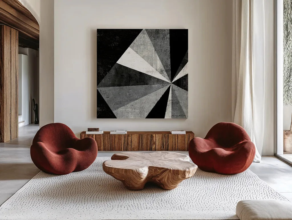 Triangulawesome BW I by Michael Mullan. Shown as extra-large giant wall art in a modern living room. Available as an archival giclee rolled canvas, fine art paper, or poster print. SKU 15682a.