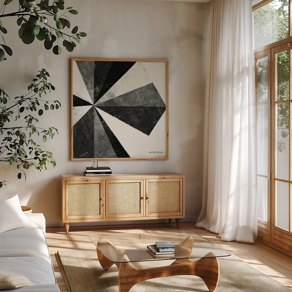 Triangulawesome BW II by Michael Mullan. Shown in a natural wood frame in a cozy modern living room. Available as an archival giclee rolled canvas, fine art paper, or poster print. SKU 15683a.