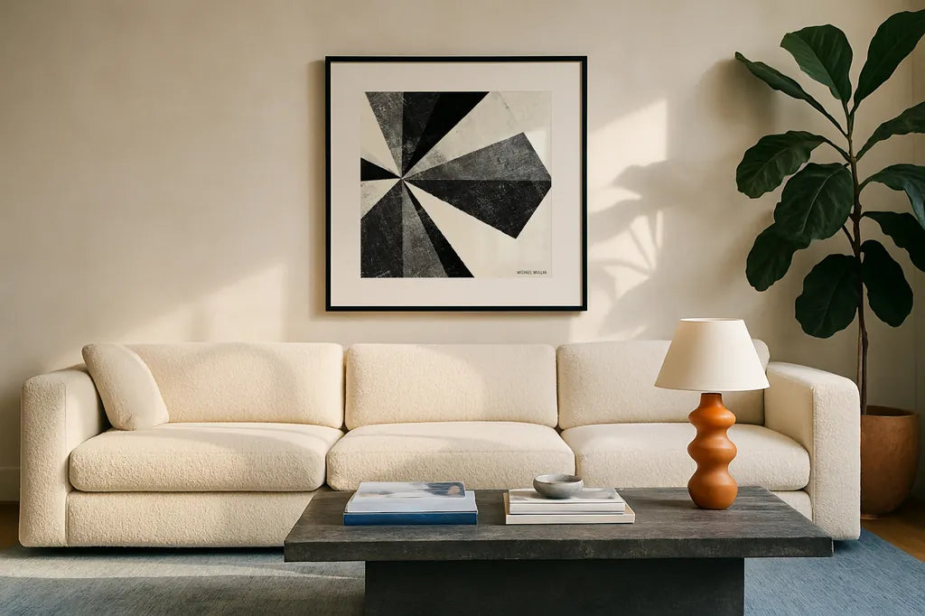 Triangulawesome BW II by Michael Mullan. Displayed in a glass frame with matte in a clean modern living room. Available as an archival giclee rolled canvas, fine art paper, or poster print. SKU 15683a.