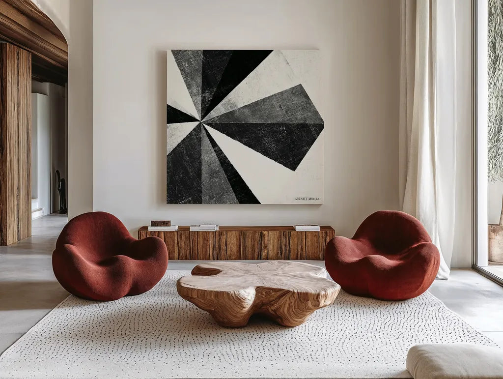 Triangulawesome BW II by Michael Mullan. Shown as extra-large giant wall art in a modern living room. Available as an archival giclee rolled canvas, fine art paper, or poster print. SKU 15683a.