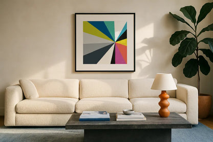 Triangulawesome Color III by Michael Mullan. Displayed in a glass frame with matte in a clean modern living room. Available as an archival giclee rolled canvas, fine art paper, or poster print. SKU 52647a.
