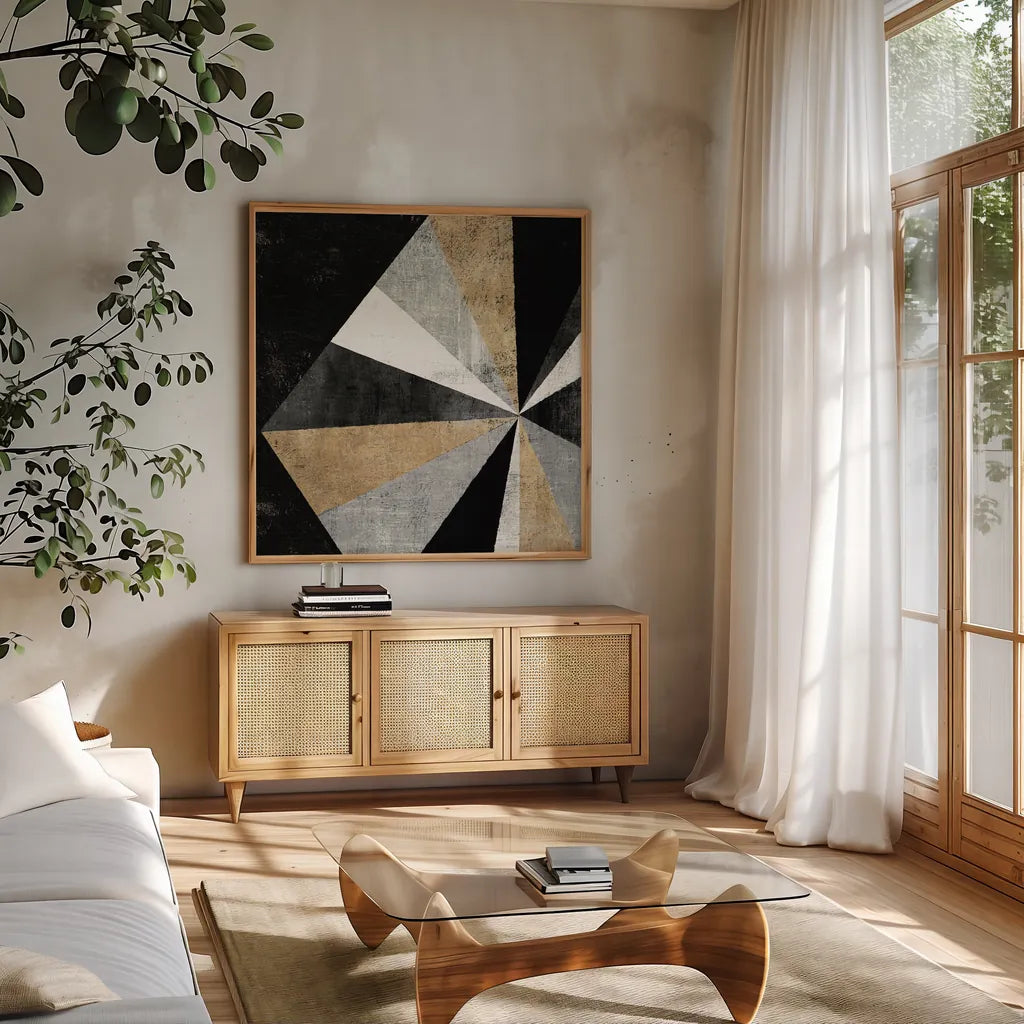 Triangulawesome I BWG by Michael Mullan. Shown in a natural wood frame in a cozy modern living room. Available as an archival giclee rolled canvas, fine art paper, or poster print. SKU 56579a.