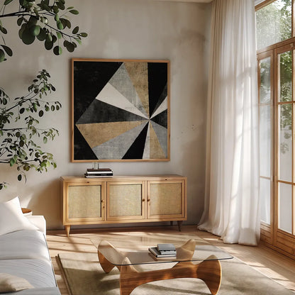 Triangulawesome I BWG by Michael Mullan. Shown in a natural wood frame in a cozy modern living room. Available as an archival giclee rolled canvas, fine art paper, or poster print. SKU 56579a.