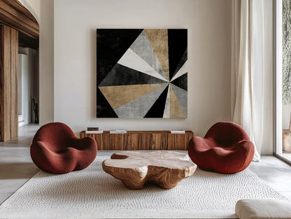 Triangulawesome I BWG by Michael Mullan. Shown as extra-large giant wall art in a modern living room. Available as an archival giclee rolled canvas, fine art paper, or poster print. SKU 56579a.