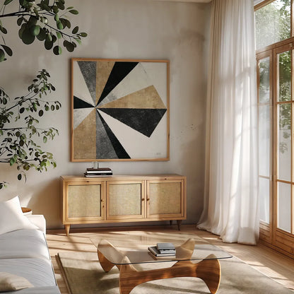 Triangulawesome II BWG Crop by Michael Mullan. Shown in a natural wood frame in a cozy modern living room. Available as an archival giclee rolled canvas, fine art paper, or poster print. SKU 56580a.