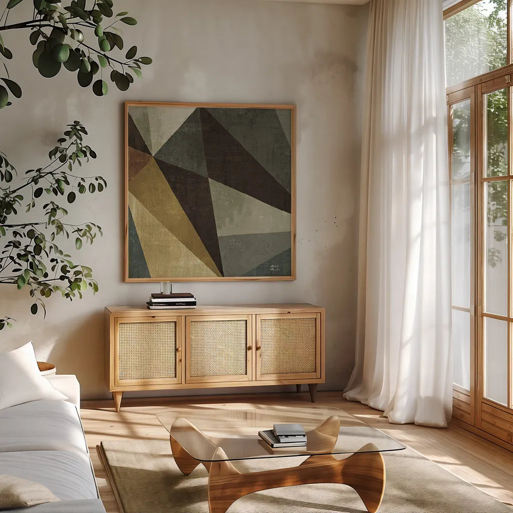 Triangulawesome Square I by Michael Mullan. Shown in a natural wood frame in a cozy modern living room. Available as an archival giclee rolled canvas, fine art paper, or poster print. SKU 26905a.