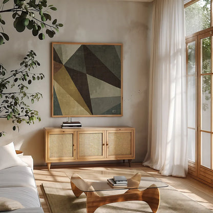 Triangulawesome Square I by Michael Mullan. Shown in a natural wood frame in a cozy modern living room. Available as an archival giclee rolled canvas, fine art paper, or poster print. SKU 26905a.