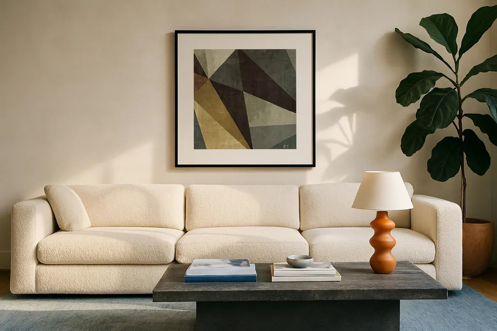 Triangulawesome Square I by Michael Mullan. Displayed in a glass frame with matte in a clean modern living room. Available as an archival giclee rolled canvas, fine art paper, or poster print. SKU 26905a.
