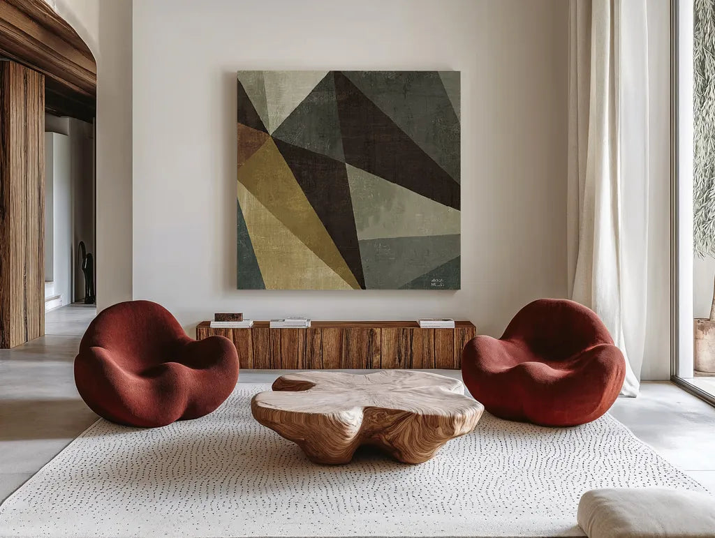 Triangulawesome Square I by Michael Mullan. Shown as extra-large giant wall art in a modern living room. Available as an archival giclee rolled canvas, fine art paper, or poster print. SKU 26905a.