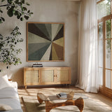 Triangulawesome Square II by Michael Mullan. Shown in a natural wood frame in a cozy modern living room. Available as an archival giclee rolled canvas, fine art paper, or poster print. SKU 26906a.