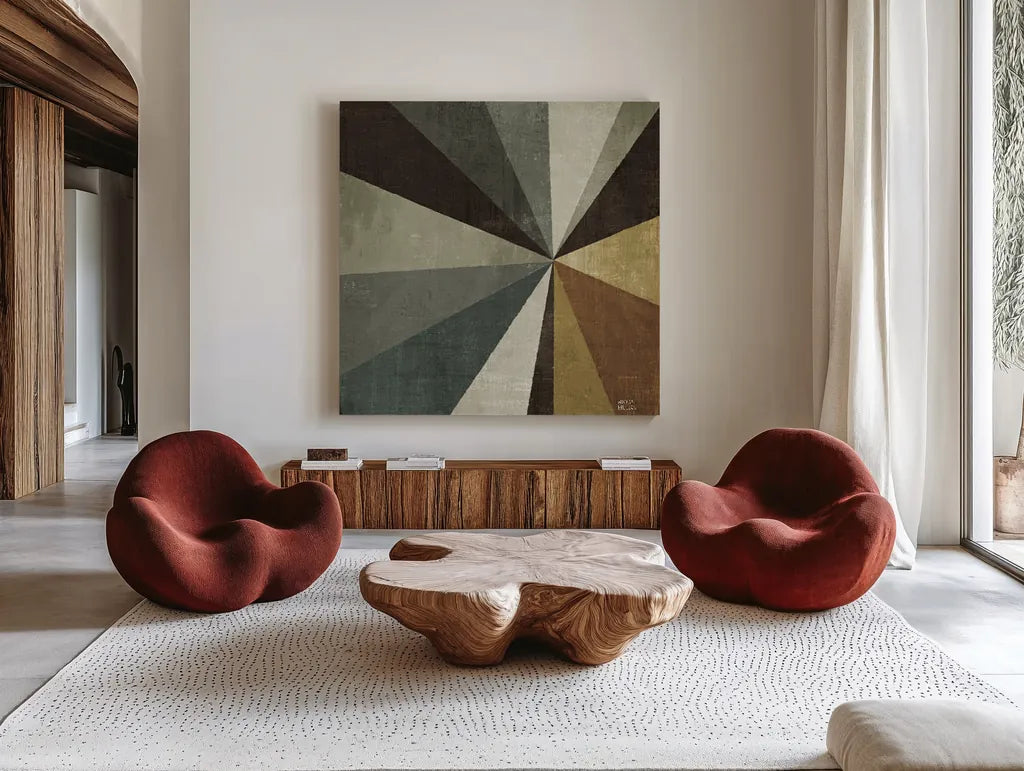 Triangulawesome Square II by Michael Mullan. Shown as extra-large giant wall art in a modern living room. Available as an archival giclee rolled canvas, fine art paper, or poster print. SKU 26906a.