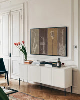 Type Band Neutral by Michael Mullan. shown as a framed stretched canvas in a living room above a console. Available as a archival giclee rolled canvas, fine art paper, or poster print. SKU 12170i.