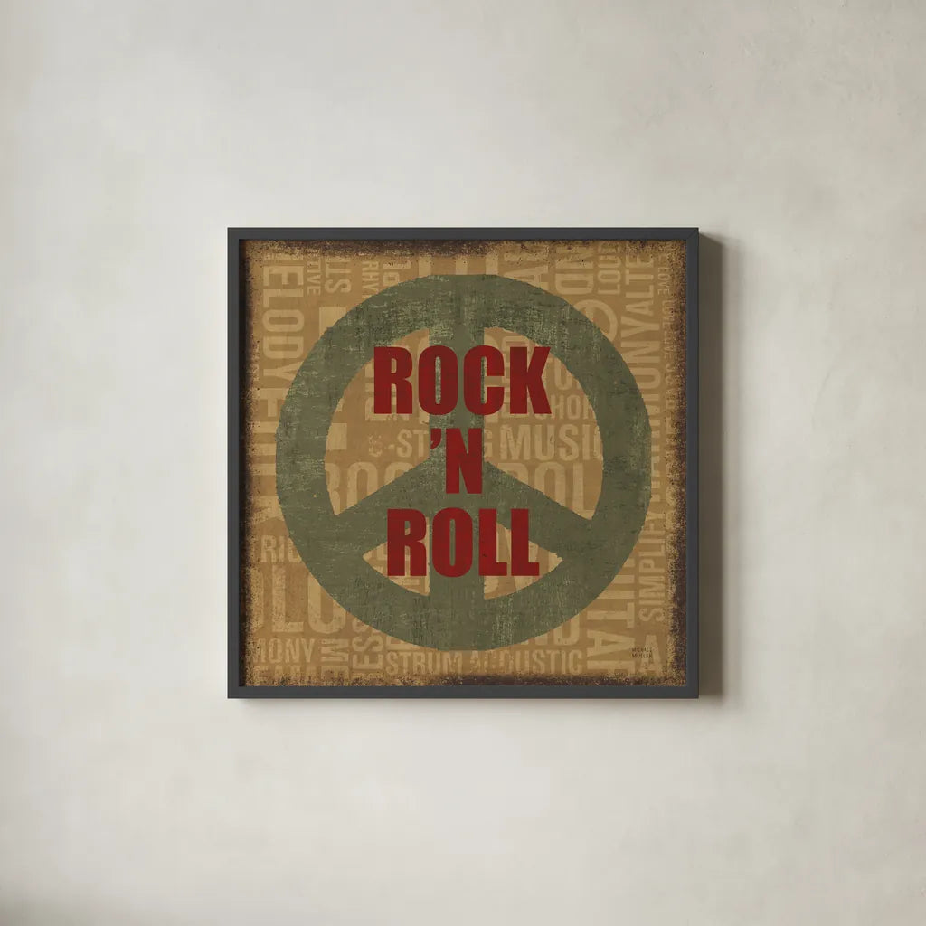 Type Band Rock N Roll by Michael Mullan. Shown in a sleek black glass frame for a contemporary gallery look. Available as an archival giclee rolled canvas, fine art paper, or poster print. SKU 51051a.