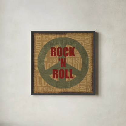 Type Band Rock N Roll by Michael Mullan. Shown in a sleek black glass frame for a contemporary gallery look. Available as an archival giclee rolled canvas, fine art paper, or poster print. SKU 51051a.