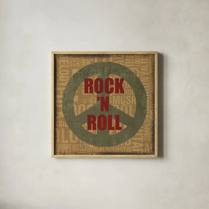 Type Band Rock N Roll by Michael Mullan. Shown in a natural wood glass frame for a timeless modern aesthetic. Available as an archival giclee rolled canvas, fine art paper, or poster print. SKU 51051a.