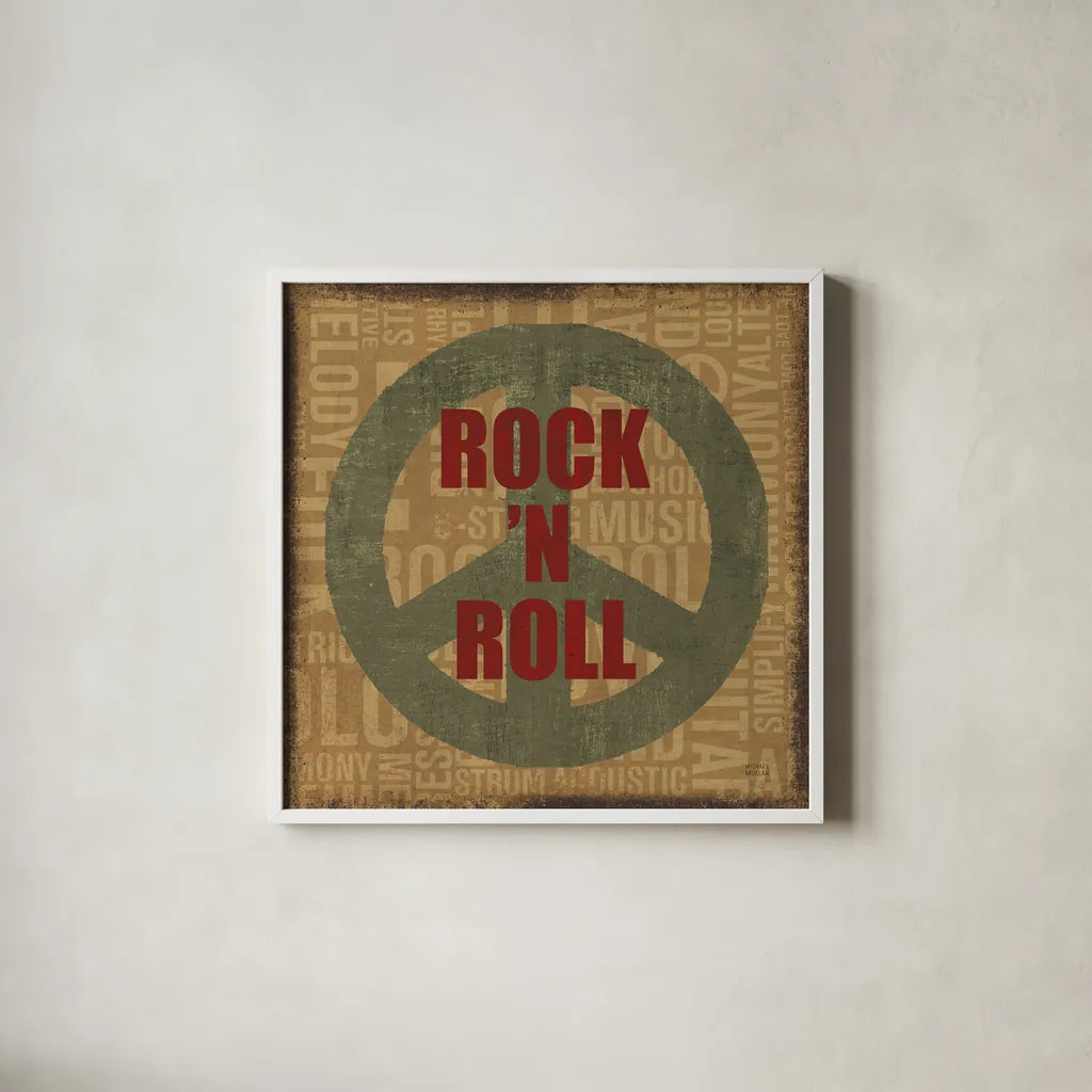 Type Band Rock N Roll by Michael Mullan. Shown in a crisp white glass frame for a clean and minimalist style. Available as an archival giclee rolled canvas, fine art paper, or poster print. SKU 51051a.