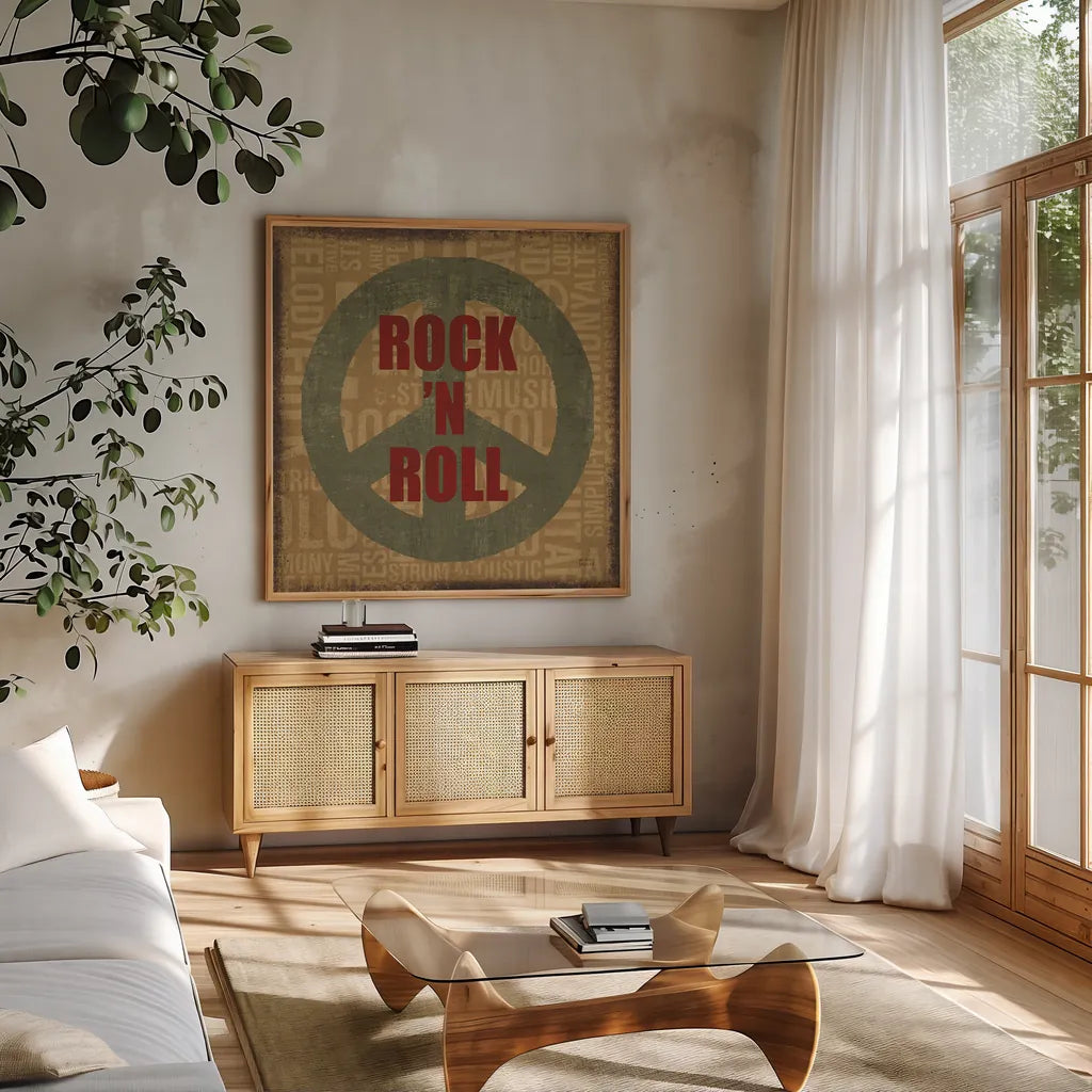 Type Band Rock N Roll by Michael Mullan. Shown in a natural wood frame in a cozy modern living room. Available as an archival giclee rolled canvas, fine art paper, or poster print. SKU 51051a.