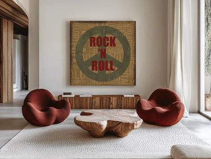 Type Band Rock N Roll by Michael Mullan. Shown as extra-large giant wall art in a modern living room. Available as an archival giclee rolled canvas, fine art paper, or poster print. SKU 51051a.