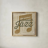 Type Band Smooth Jazz by Michael Mullan. Shown in a natural wood glass frame for a timeless modern aesthetic. Available as an archival giclee rolled canvas, fine art paper, or poster print. SKU 51050a.