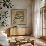 Type Band Smooth Jazz by Michael Mullan. Shown in a natural wood frame in a cozy modern living room. Available as an archival giclee rolled canvas, fine art paper, or poster print. SKU 51050a.