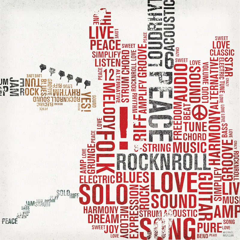 Type Guitar Colorful Square I by Michael Mullan. SKU 48417a. Archival Giclee Fine art print for wall decor.