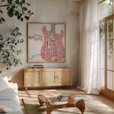 Type Guitar Colorful Square I by Michael Mullan. Shown in a natural wood frame in a cozy modern living room. Available as an archival giclee rolled canvas, fine art paper, or poster print. SKU 48417a.