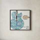 Type Guitar Colorful Square II by Michael Mullan. Shown in a sleek black glass frame for a contemporary gallery look. Available as an archival giclee rolled canvas, fine art paper, or poster print. SKU 48418a.