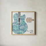 Type Guitar Colorful Square II by Michael Mullan. Shown in a natural wood glass frame for a timeless modern aesthetic. Available as an archival giclee rolled canvas, fine art paper, or poster print. SKU 48418a.