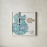 Type Guitar Colorful Square II by Michael Mullan. Shown in a crisp white glass frame for a clean and minimalist style. Available as an archival giclee rolled canvas, fine art paper, or poster print. SKU 48418a.
