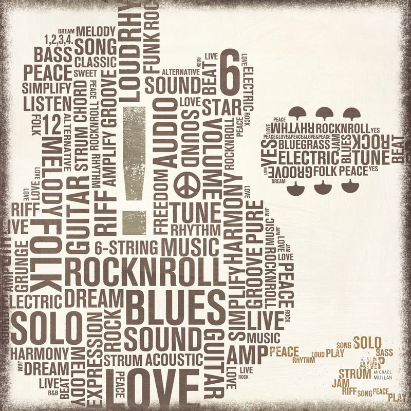 Type Guitar Neutral Square II by Michael Mullan. SKU 51035a. Archival Giclee Fine art print for wall decor.